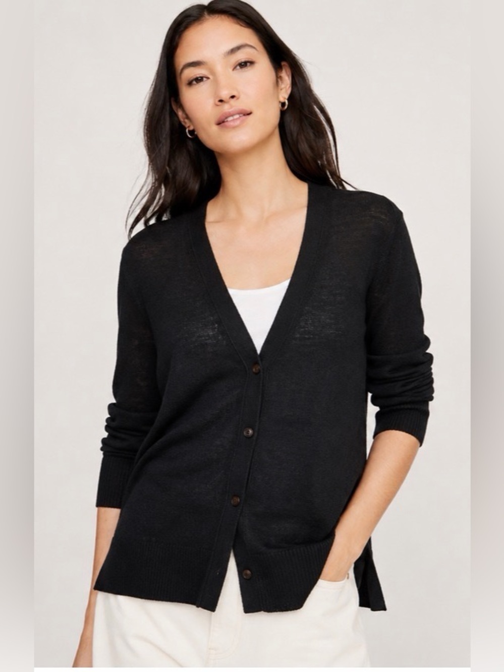 Banana Republic Boyfriend Cardigan S Black 100% Linen Lightweight Sweater